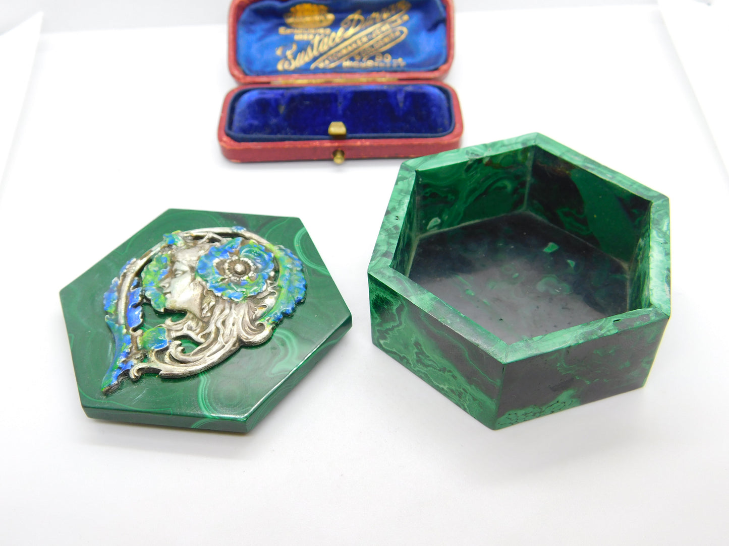 Art Nouveau Malachite, Sterling Silver & Enamel Fairy Trinket Box Antique c1920