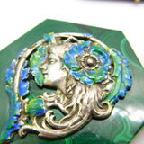 Art Nouveau Malachite, Sterling Silver & Enamel Fairy Trinket Box Antique c1920