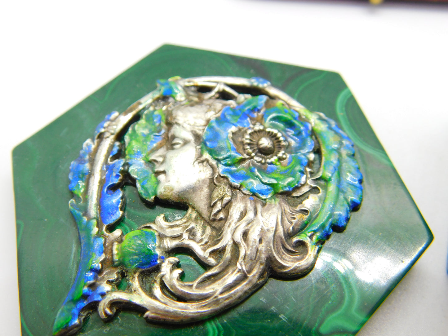 Art Nouveau Malachite, Sterling Silver & Enamel Fairy Trinket Box Antique c1920