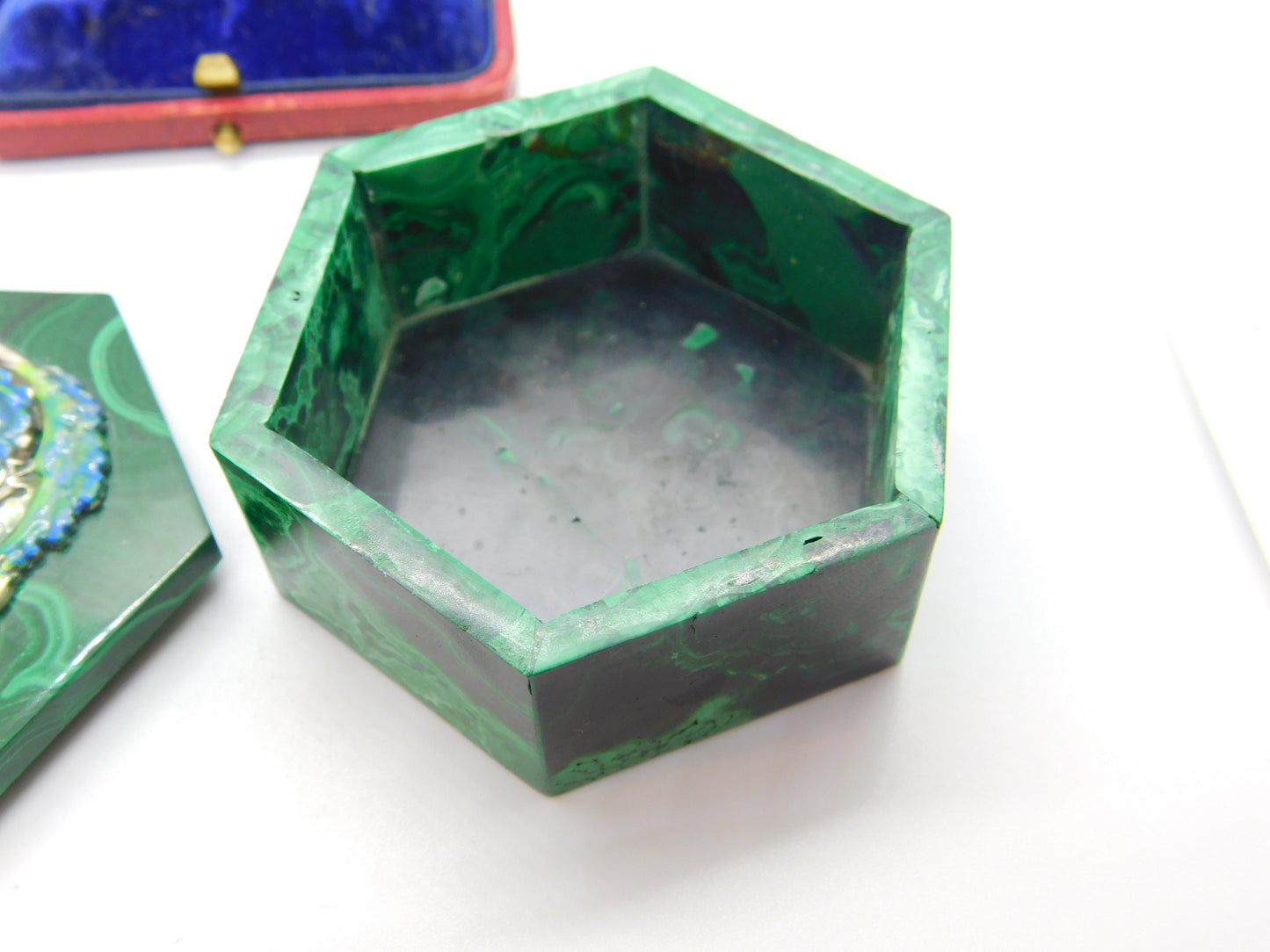 Art Nouveau Malachite, Sterling Silver & Enamel Fairy Trinket Box Antique c1920