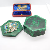 Art Nouveau Malachite, Sterling Silver & Enamel Fairy Trinket Box Antique c1920