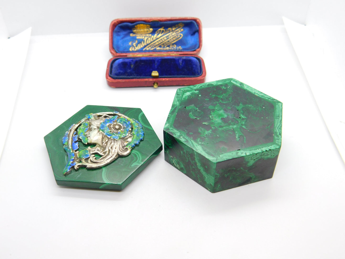 Art Nouveau Malachite, Sterling Silver & Enamel Fairy Trinket Box Antique c1920