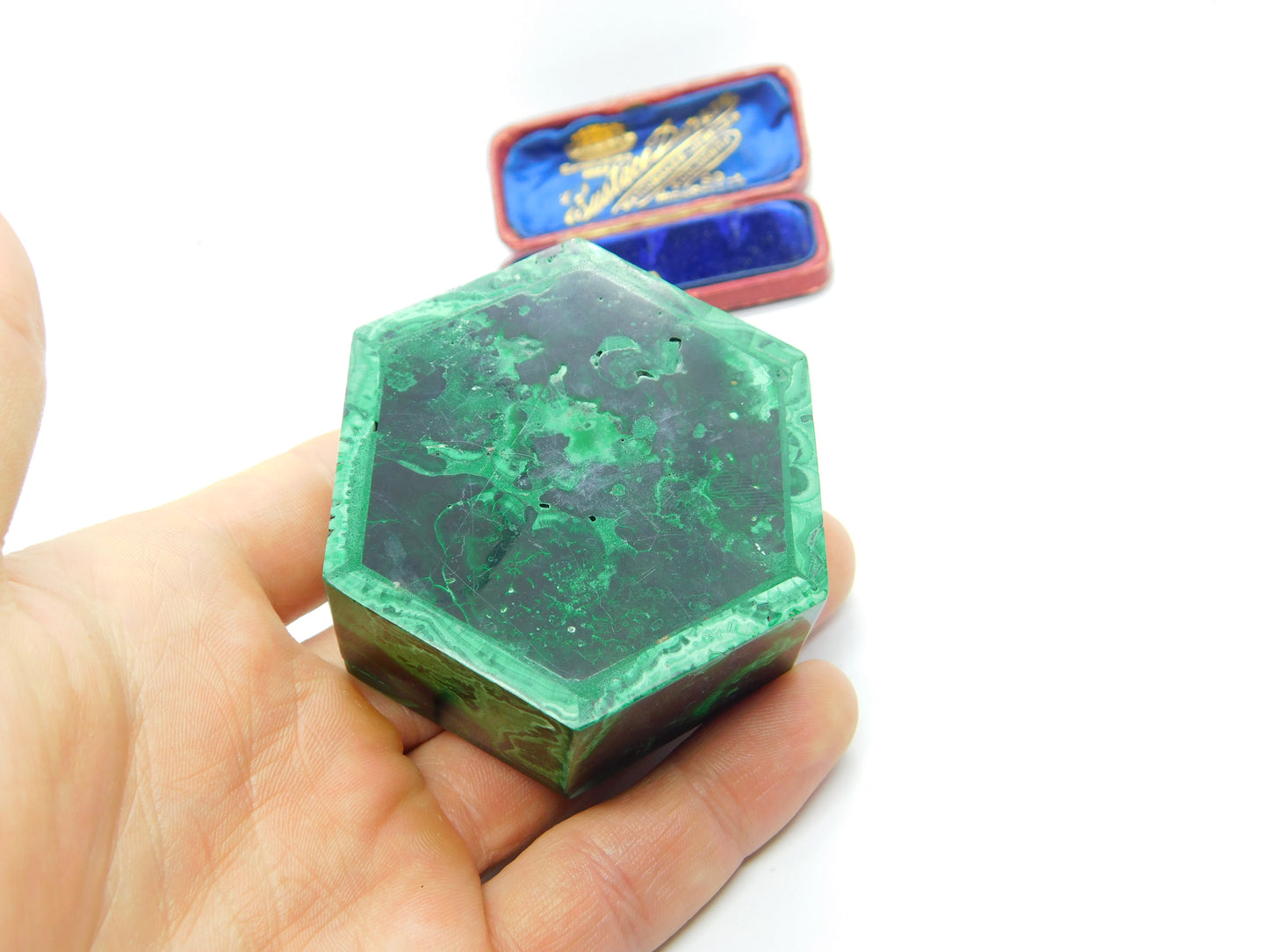 Art Nouveau Malachite, Sterling Silver & Enamel Fairy Trinket Box Antique c1920