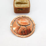 Arts & Crafts Planished Copper & Guilloche Orange Enamel Brooch Antique c1920