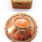 Arts & Crafts Planished Copper & Guilloche Orange Enamel Brooch Antique c1920