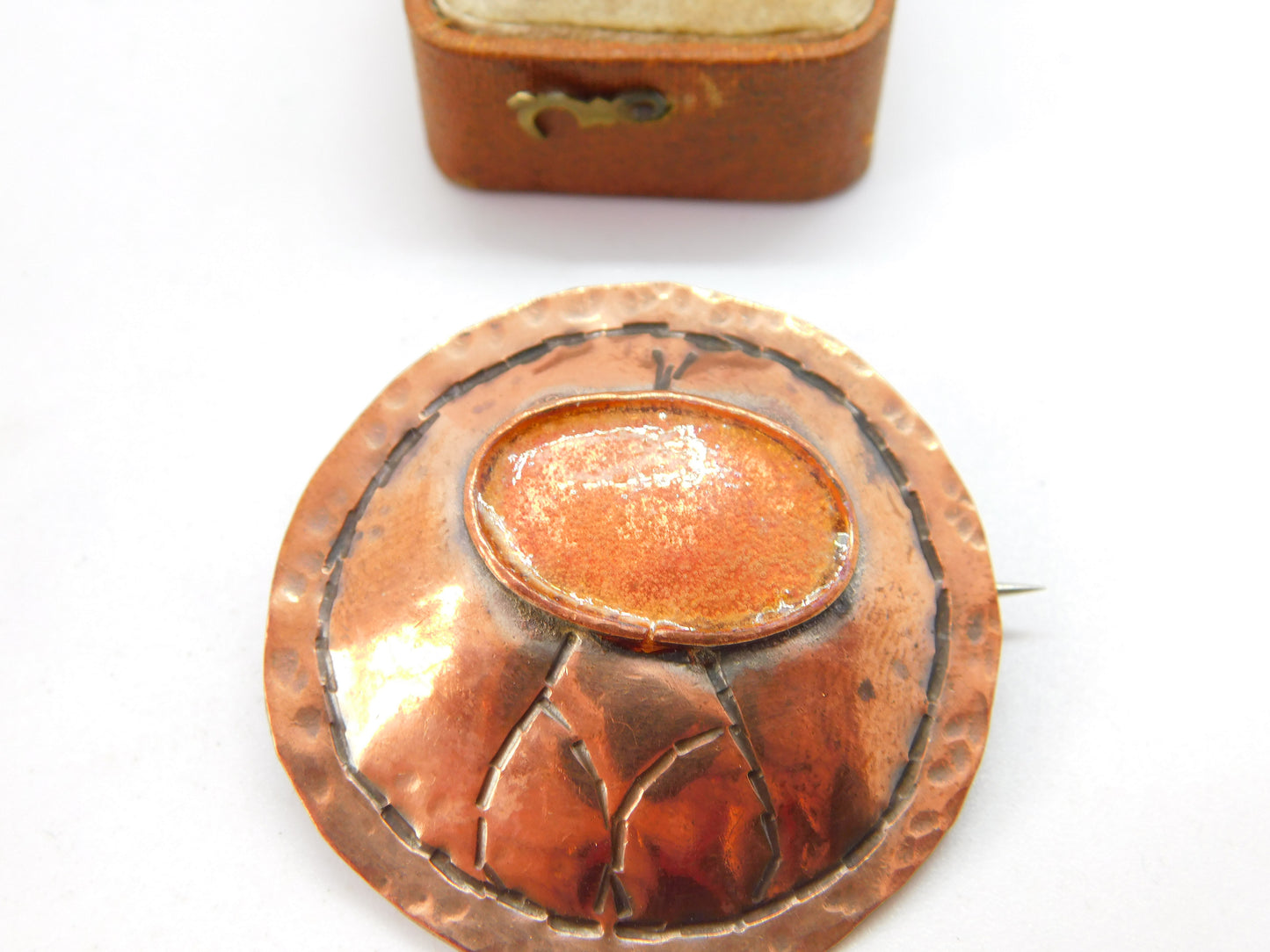 Arts & Crafts Planished Copper & Guilloche Orange Enamel Brooch Antique c1920