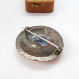 Arts & Crafts Planished Copper & Guilloche Orange Enamel Brooch Antique c1920