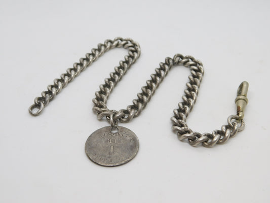 Victorian Sterling Silver Albert Watch Chain & Coin Fob Antique c1890