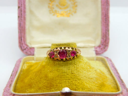 Victorian 9ct Gold, Ruby & Diamond Set Boat Ring 1890 Birmingham Antique