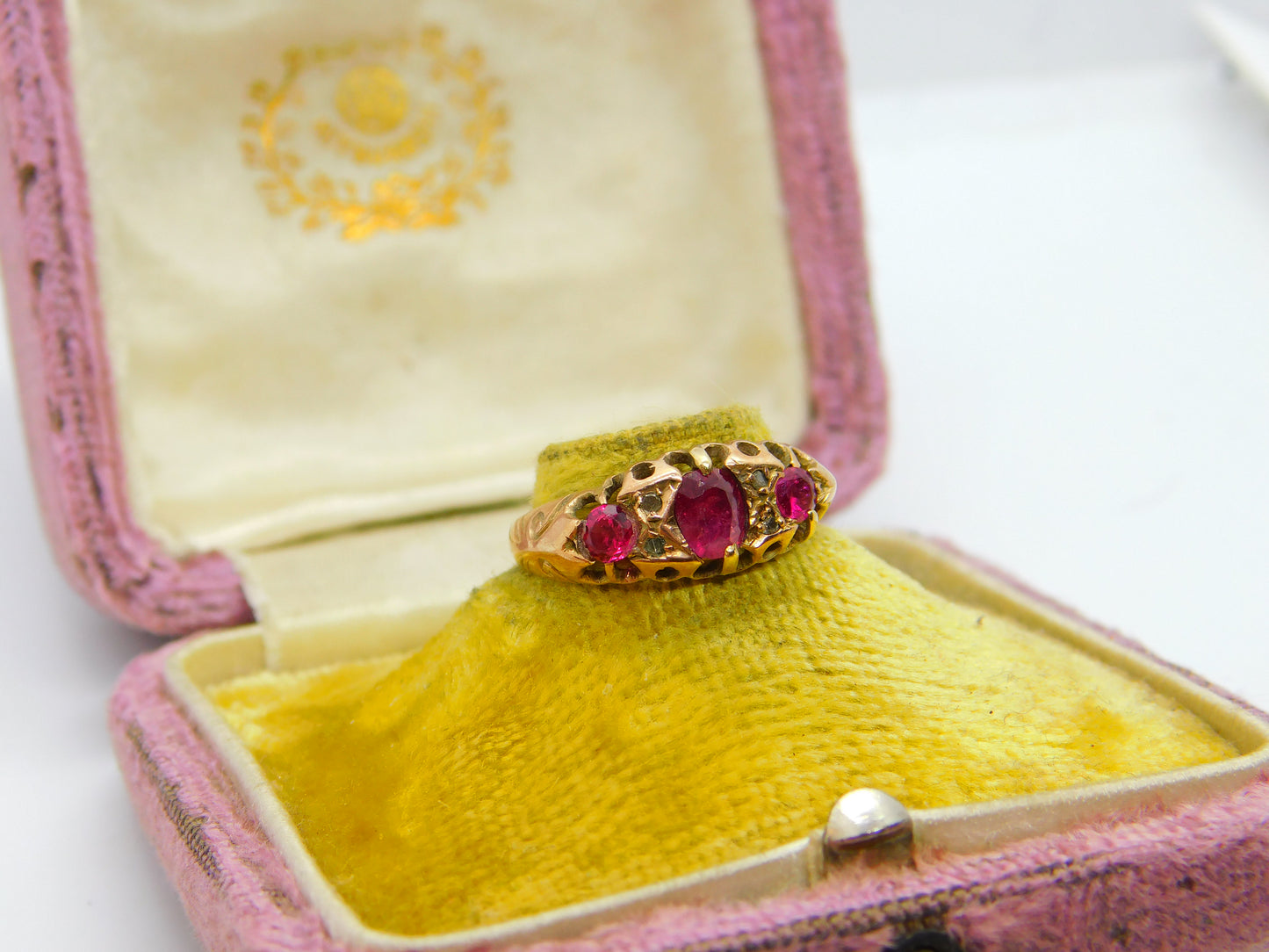 Victorian 9ct Gold, Ruby & Diamond Set Boat Ring 1890 Birmingham Antique