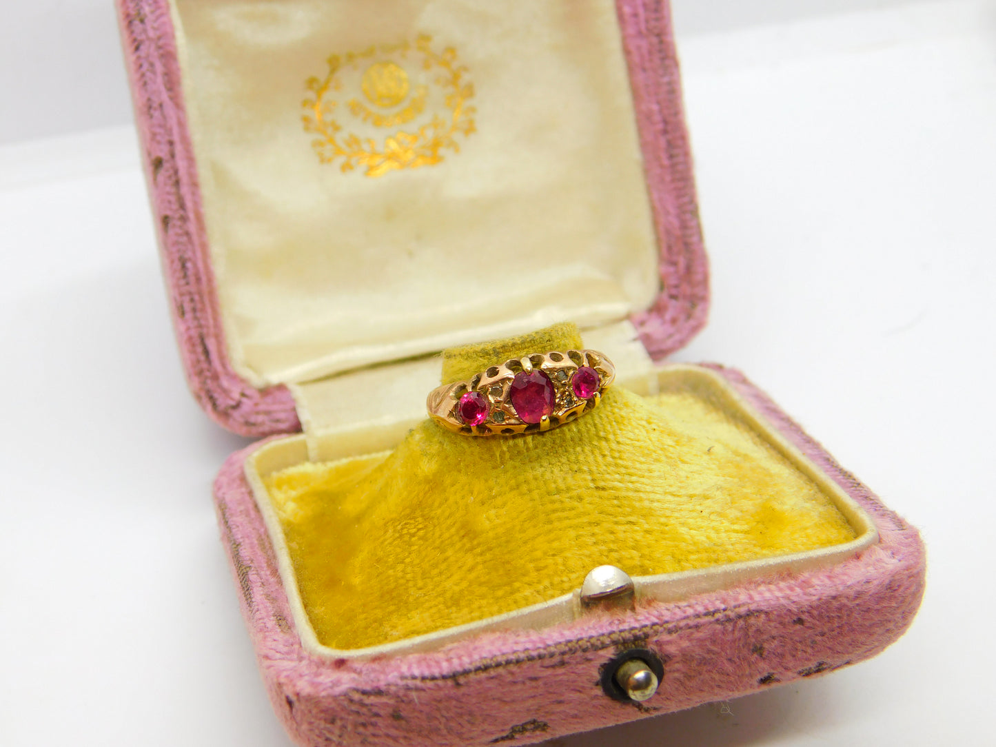 Victorian 9ct Gold, Ruby & Diamond Set Boat Ring 1890 Birmingham Antique