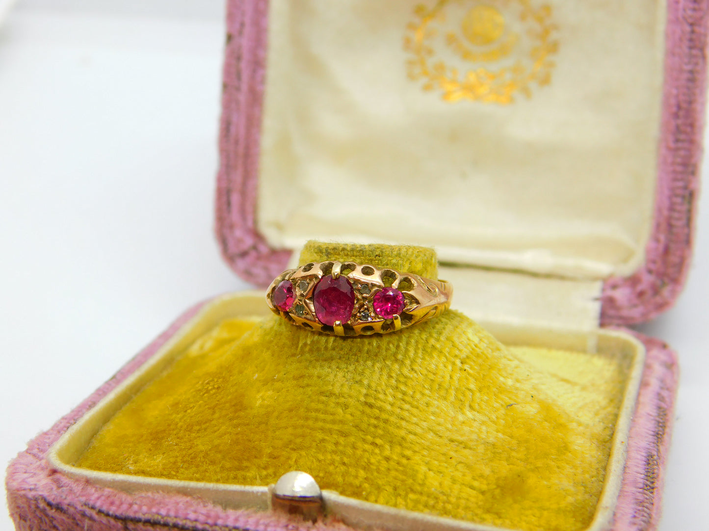 Victorian 9ct Gold, Ruby & Diamond Set Boat Ring 1890 Birmingham Antique