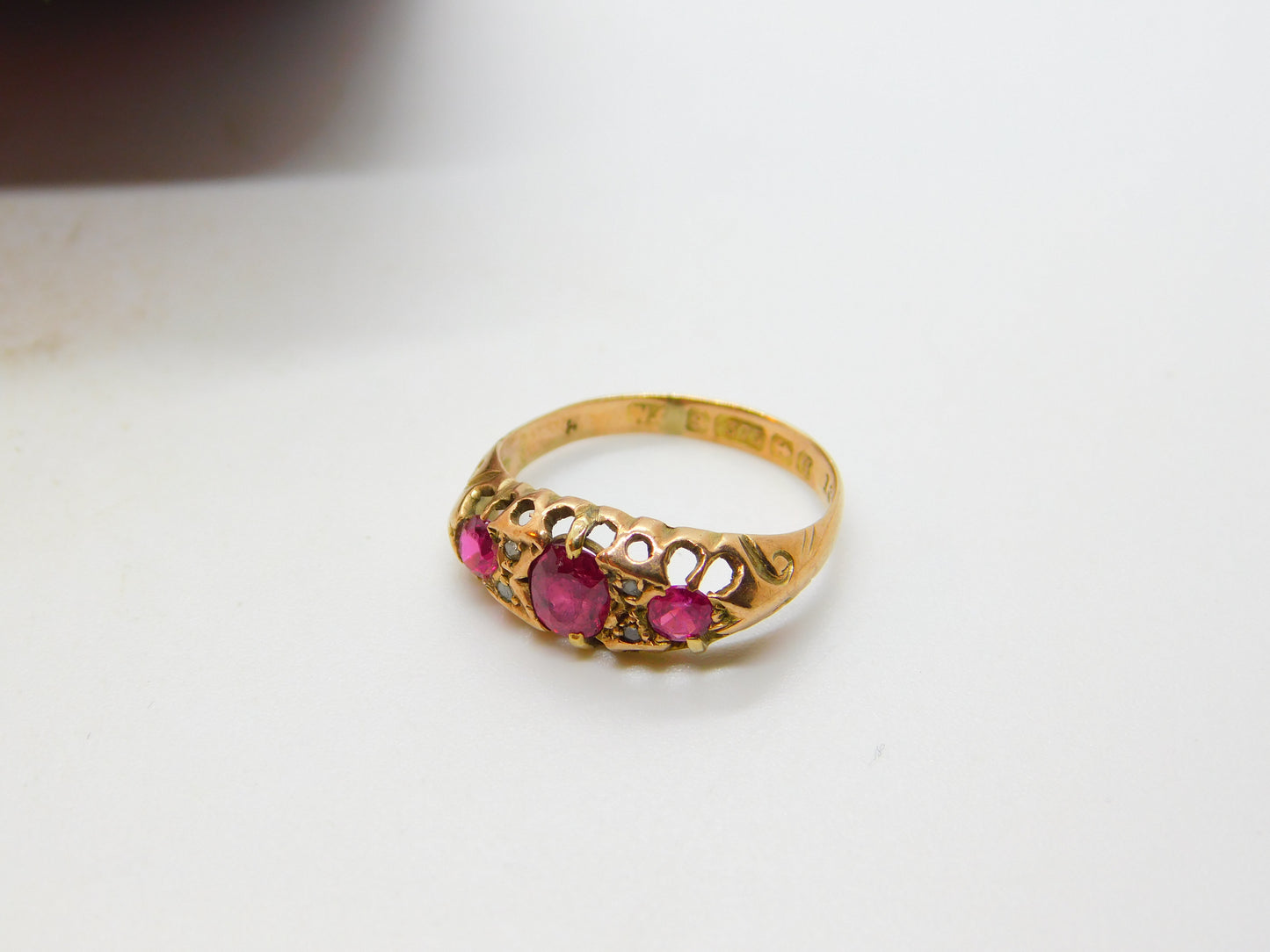 Victorian 9ct Gold, Ruby & Diamond Set Boat Ring 1890 Birmingham Antique