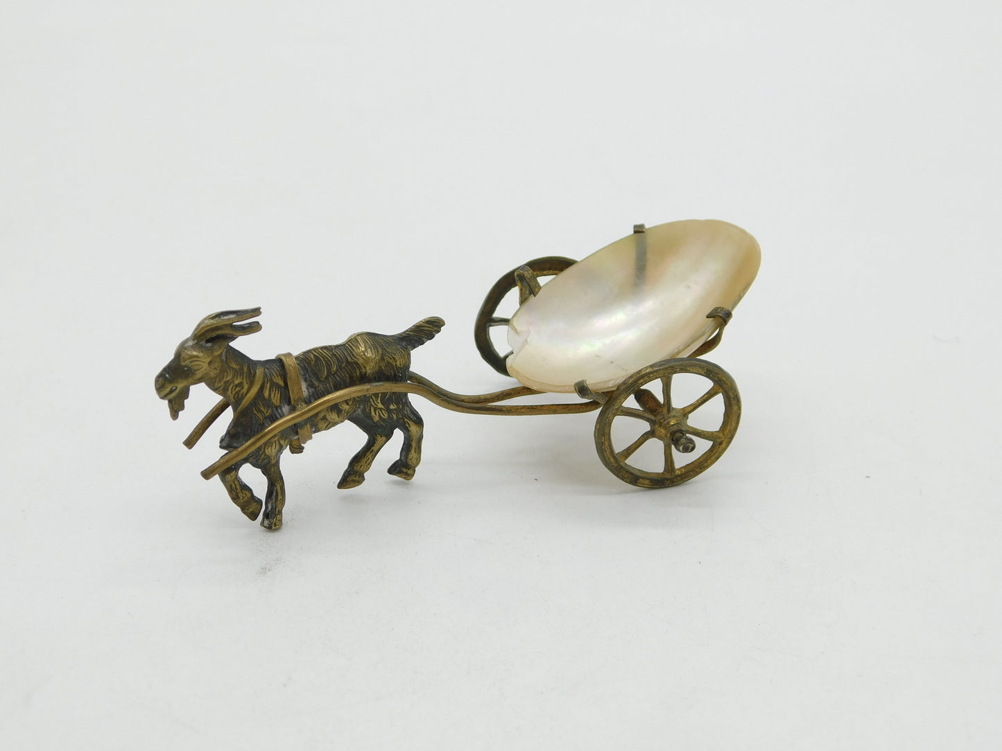 Victorian Gilt Metal & Pearl Shell Novelty Goat Cart Thimble Holder Antique 1880