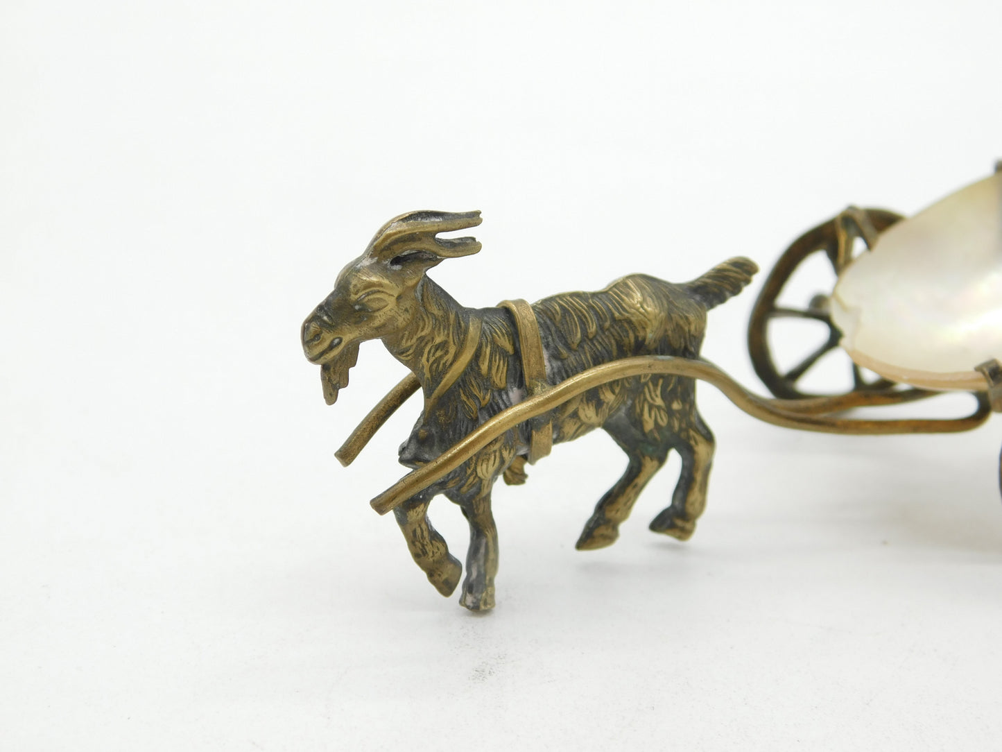 Victorian Gilt Metal & Pearl Shell Novelty Goat Cart Thimble Holder Antique 1880