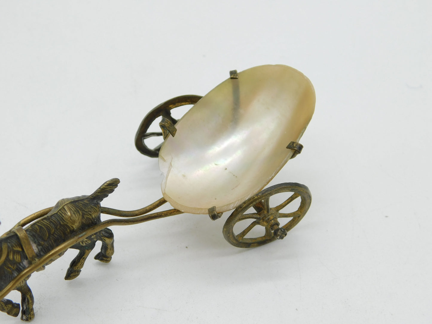 Victorian Gilt Metal & Pearl Shell Novelty Goat Cart Thimble Holder Antique 1880