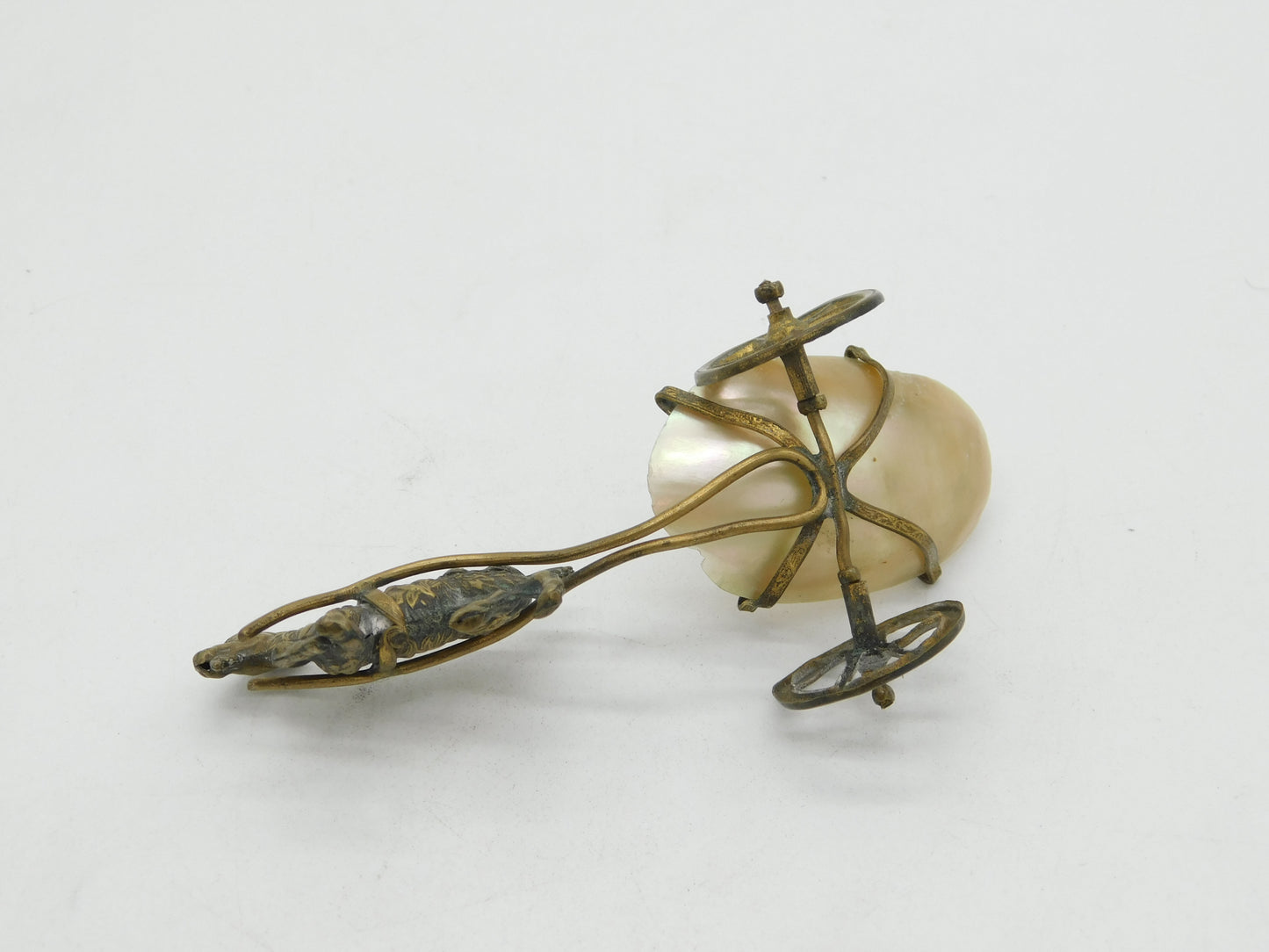 Victorian Gilt Metal & Pearl Shell Novelty Goat Cart Thimble Holder Antique 1880