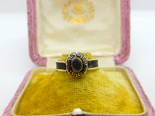 Victorian 9ct Gold, Black Enamel & Hair Weave Mourning Ring 1864 Birmingham