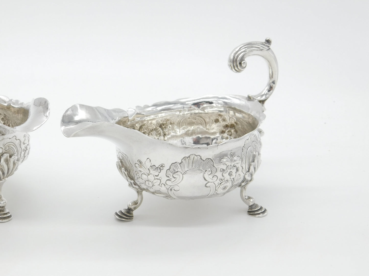 George II Pair Sterling Silver Floral Pattern Sauce Boats 1758 London W. Brind