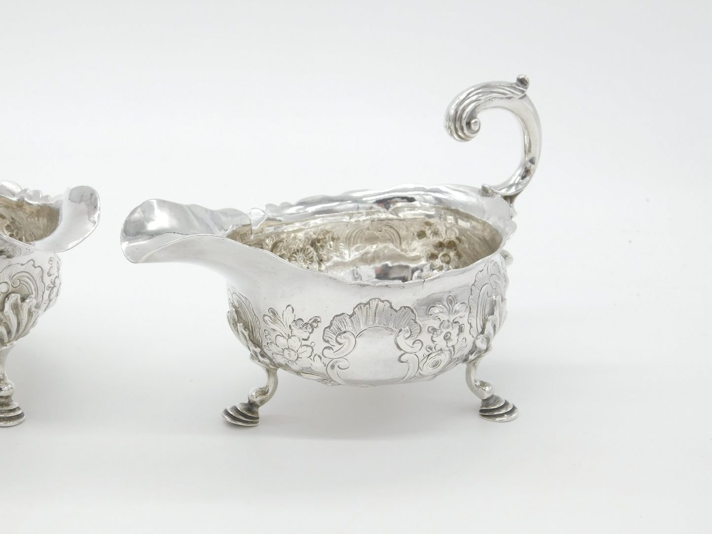 George II Pair Sterling Silver Floral Pattern Sauce Boats 1758 London W. Brind