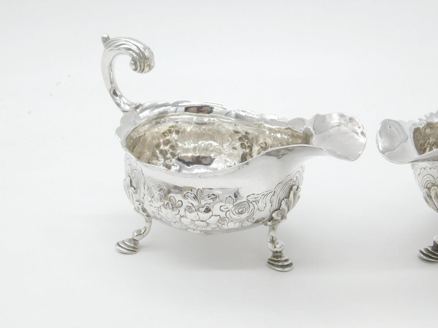 George II Pair Sterling Silver Floral Pattern Sauce Boats 1758 London W. Brind