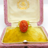 9ct Gold Carved Chrysanthemum Imperial Red Jade Dress Ring 1975 Birmingham