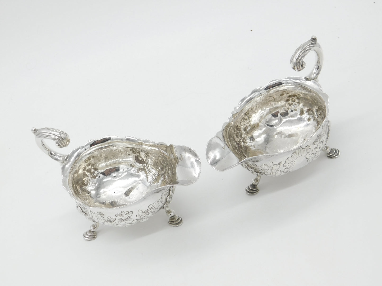 George II Pair Sterling Silver Floral Pattern Sauce Boats 1758 London W. Brind