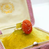 9ct Gold Carved Chrysanthemum Imperial Red Jade Dress Ring 1975 Birmingham