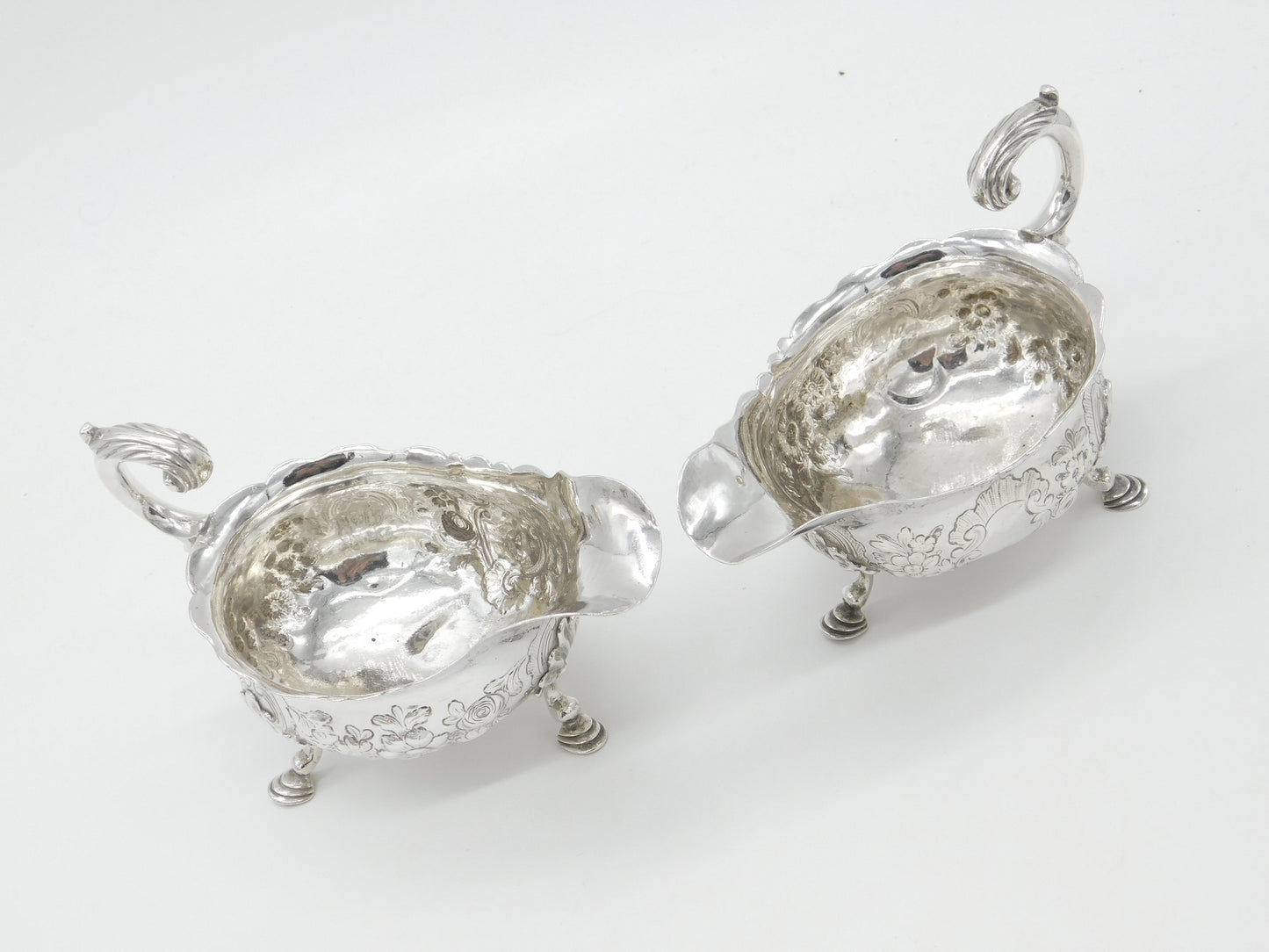 George II Pair Sterling Silver Floral Pattern Sauce Boats 1758 London W. Brind