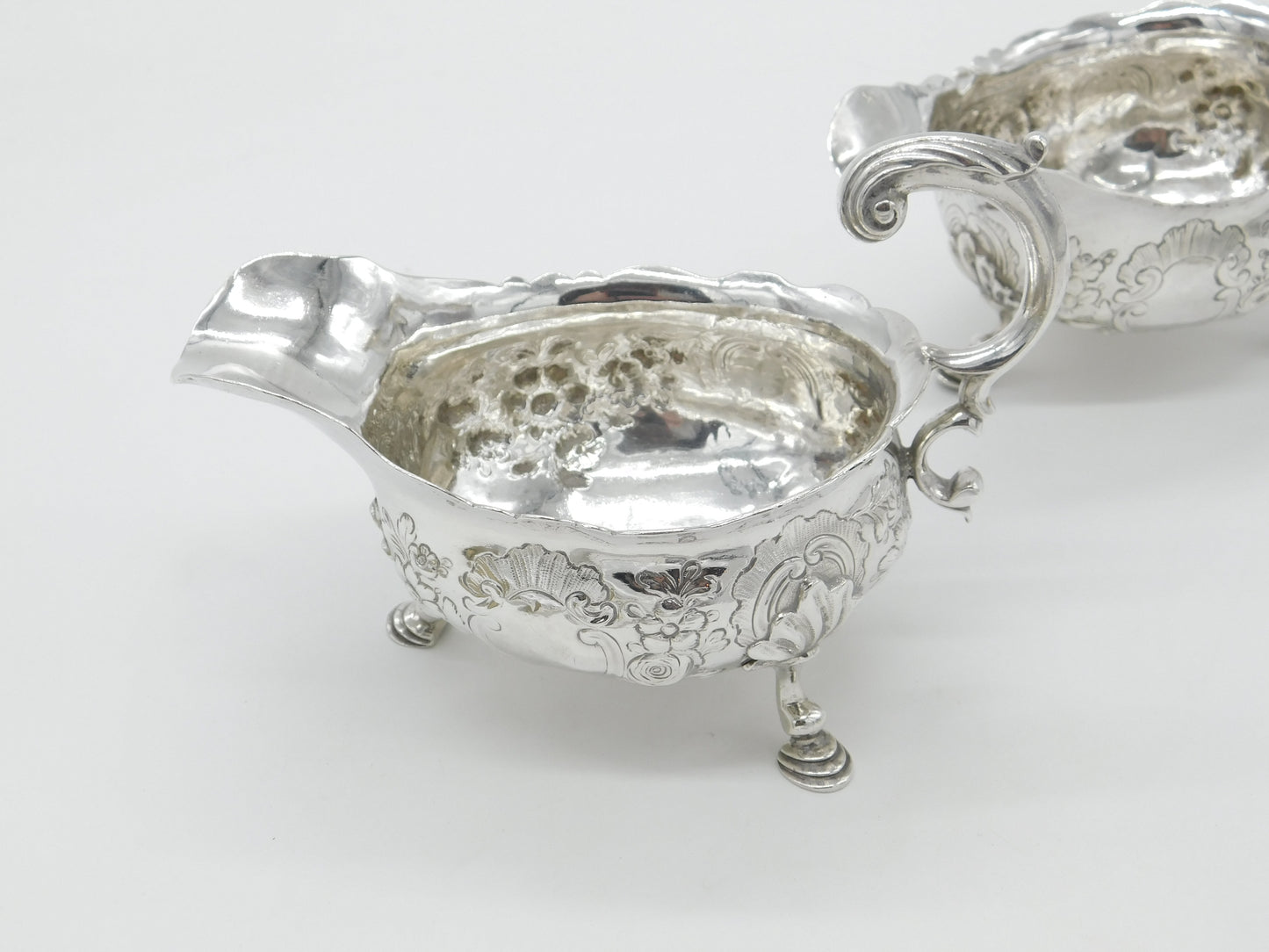 George II Pair Sterling Silver Floral Pattern Sauce Boats 1758 London W. Brind