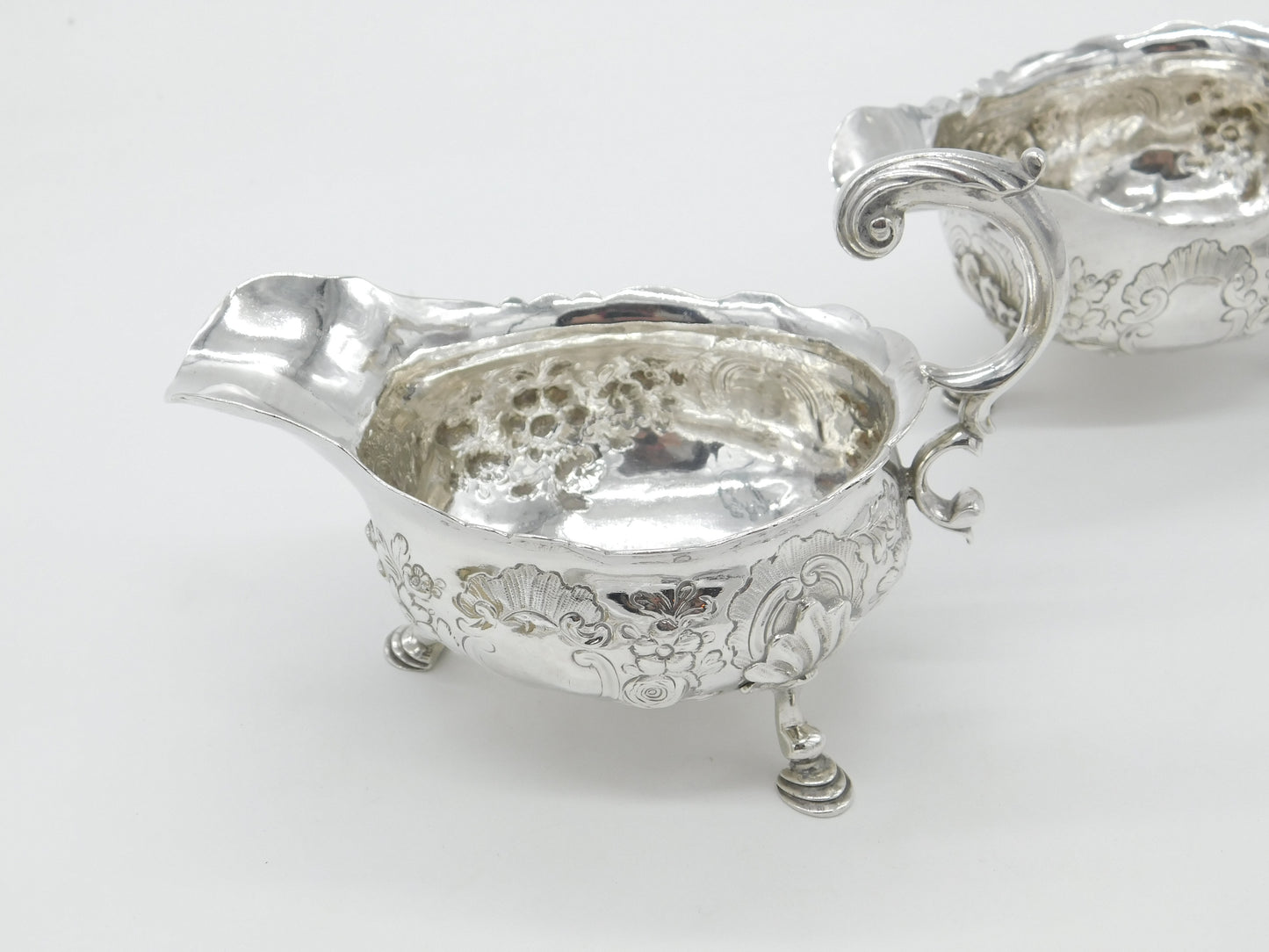 George II Pair Sterling Silver Floral Pattern Sauce Boats 1758 London W. Brind