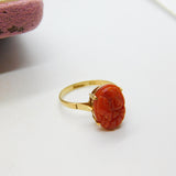 9ct Gold Carved Chrysanthemum Imperial Red Jade Dress Ring 1975 Birmingham