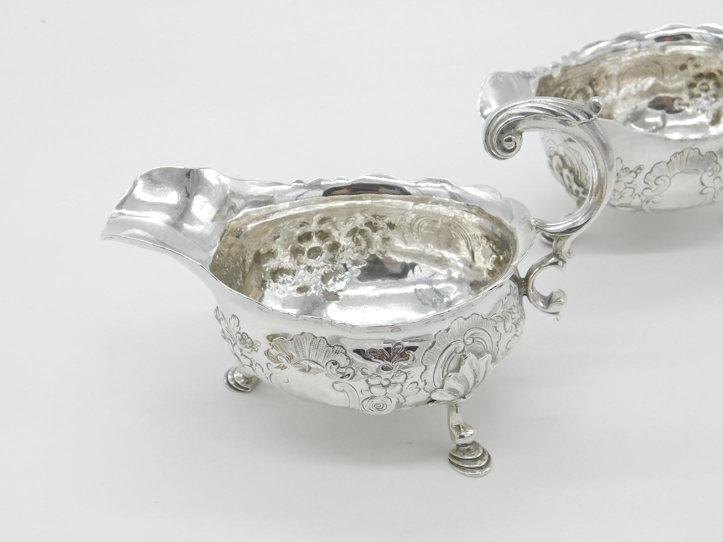 George II Pair Sterling Silver Floral Pattern Sauce Boats 1758 London W. Brind