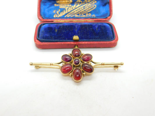 Victorian 9ct Gold & Cabochon Almandine Garnet Large Floral Brooch Antique c1860