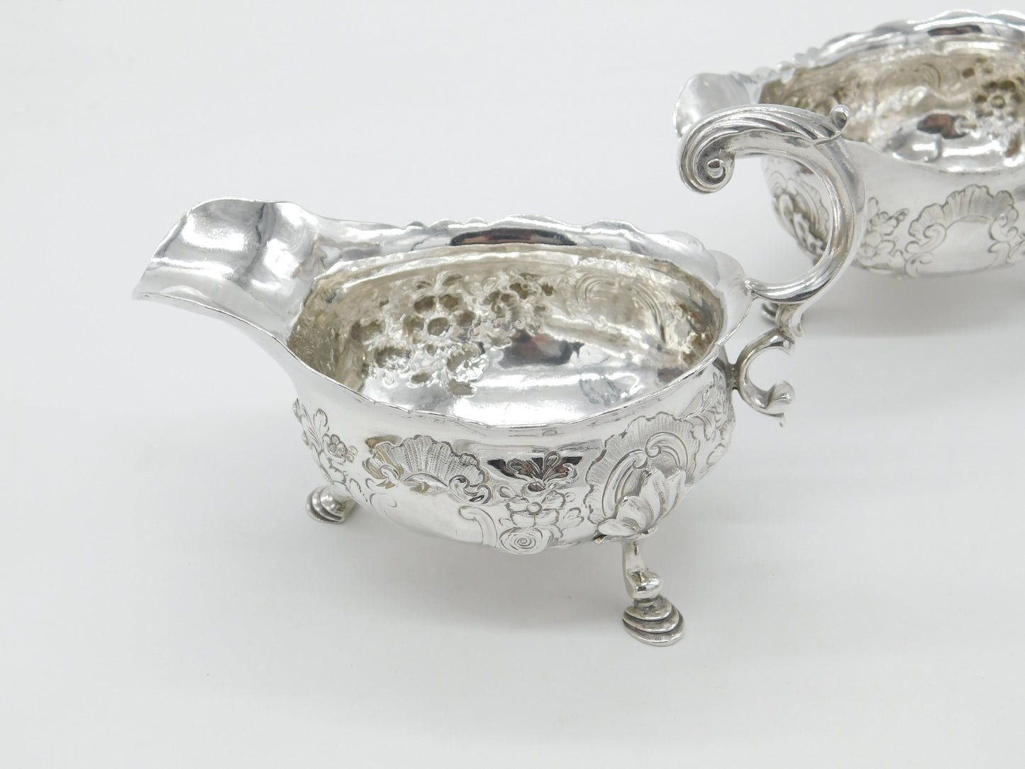 George II Pair Sterling Silver Floral Pattern Sauce Boats 1758 London W. Brind