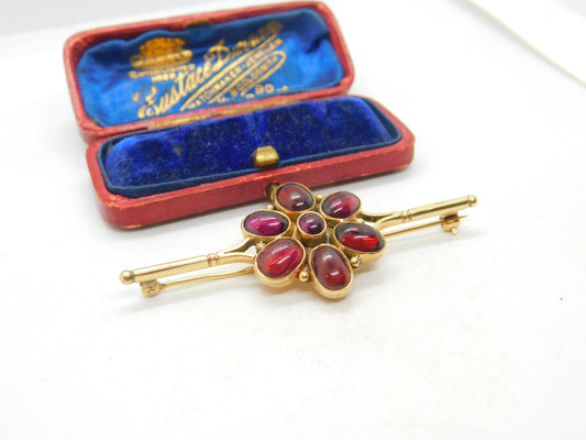 Victorian 9ct Gold & Cabochon Almandine Garnet Large Floral Brooch Antique c1860