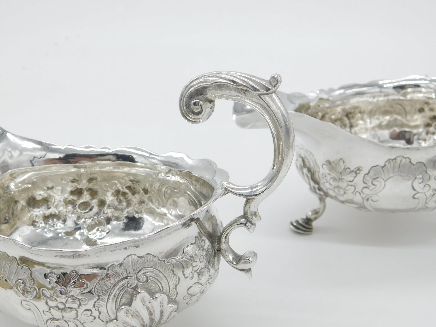 George II Pair Sterling Silver Floral Pattern Sauce Boats 1758 London W. Brind