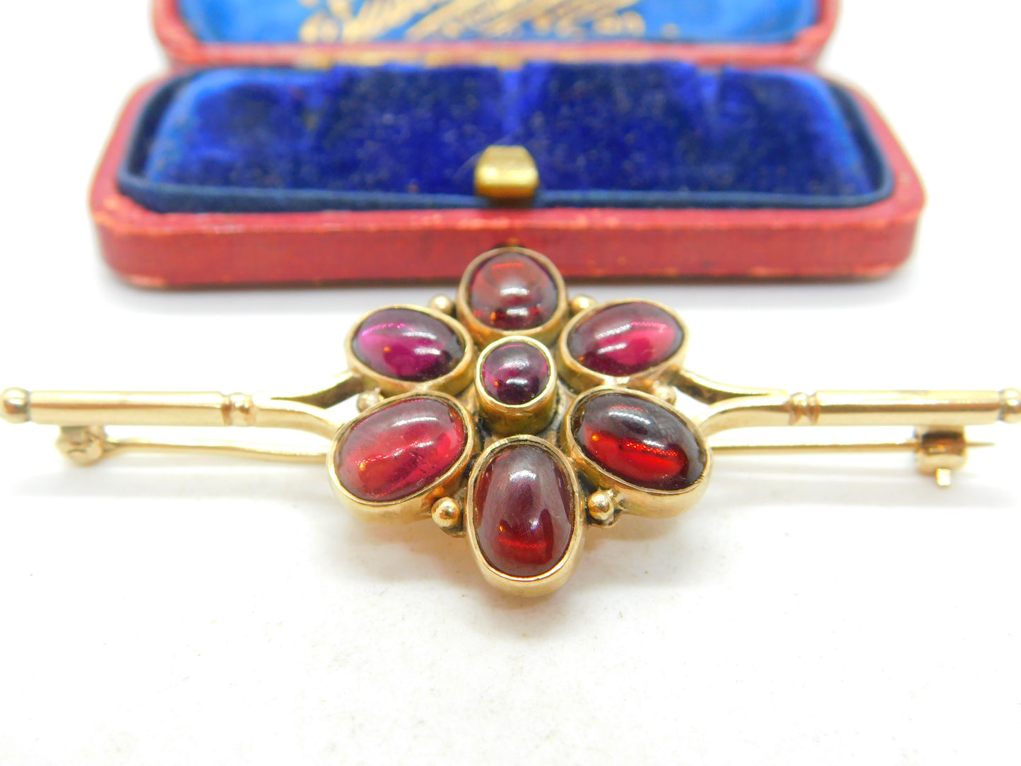 Victorian 9ct Gold & Cabochon Almandine Garnet Large Floral Brooch Antique c1860