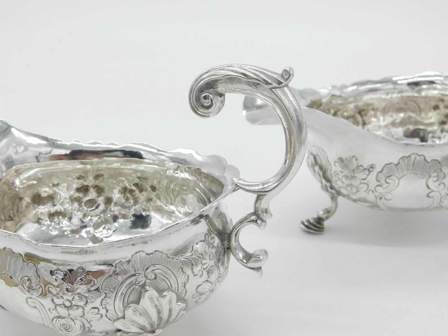 George II Pair Sterling Silver Floral Pattern Sauce Boats 1758 London W. Brind