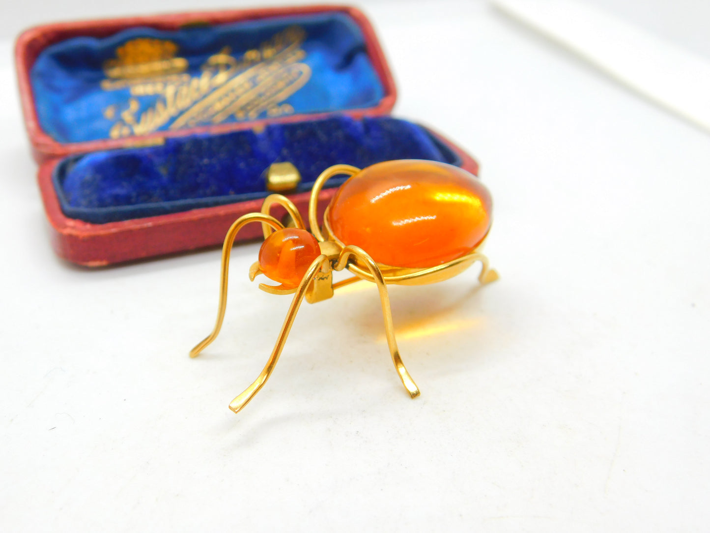 Art Deco Yellow Metal & Amber Set Spider Insect Brooch Antique c1920