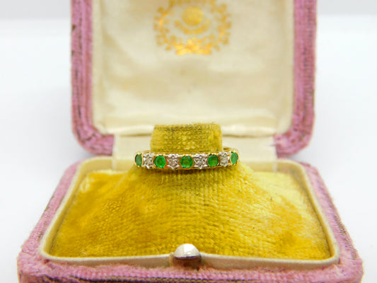 9ct Yellow Gold, Emerald & Diamond Half Eternity Ring Vintage c1990 London