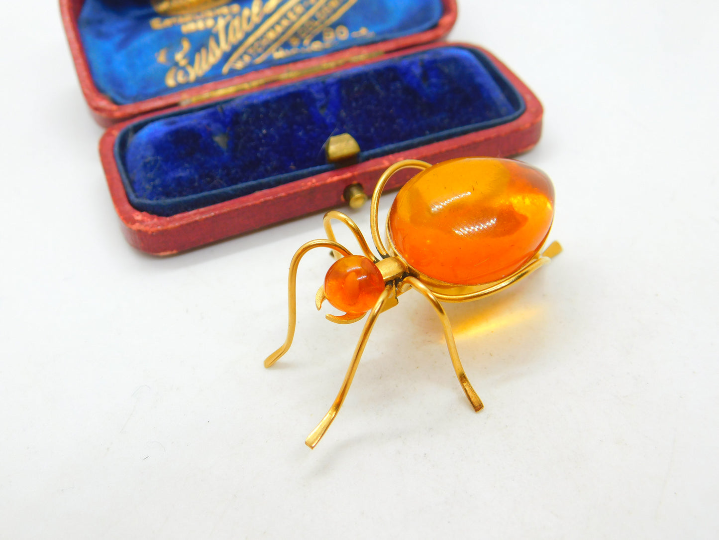 Art Deco Yellow Metal & Amber Set Spider Insect Brooch Antique c1920