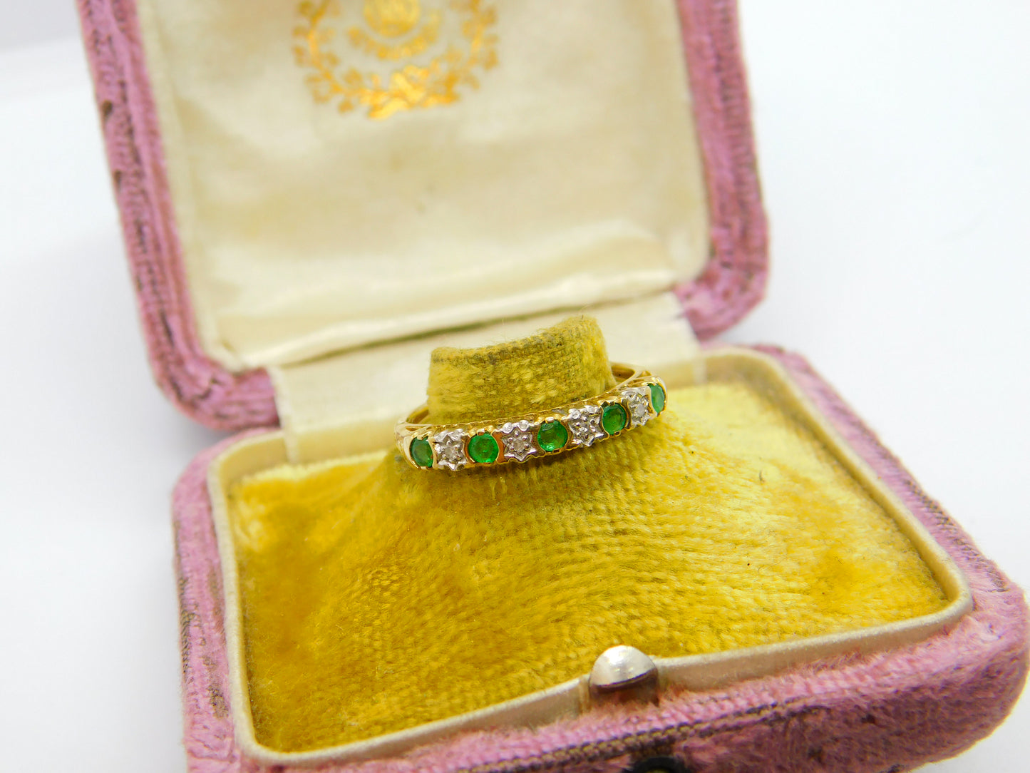 9ct Yellow Gold, Emerald & Diamond Half Eternity Ring Vintage c1990 London