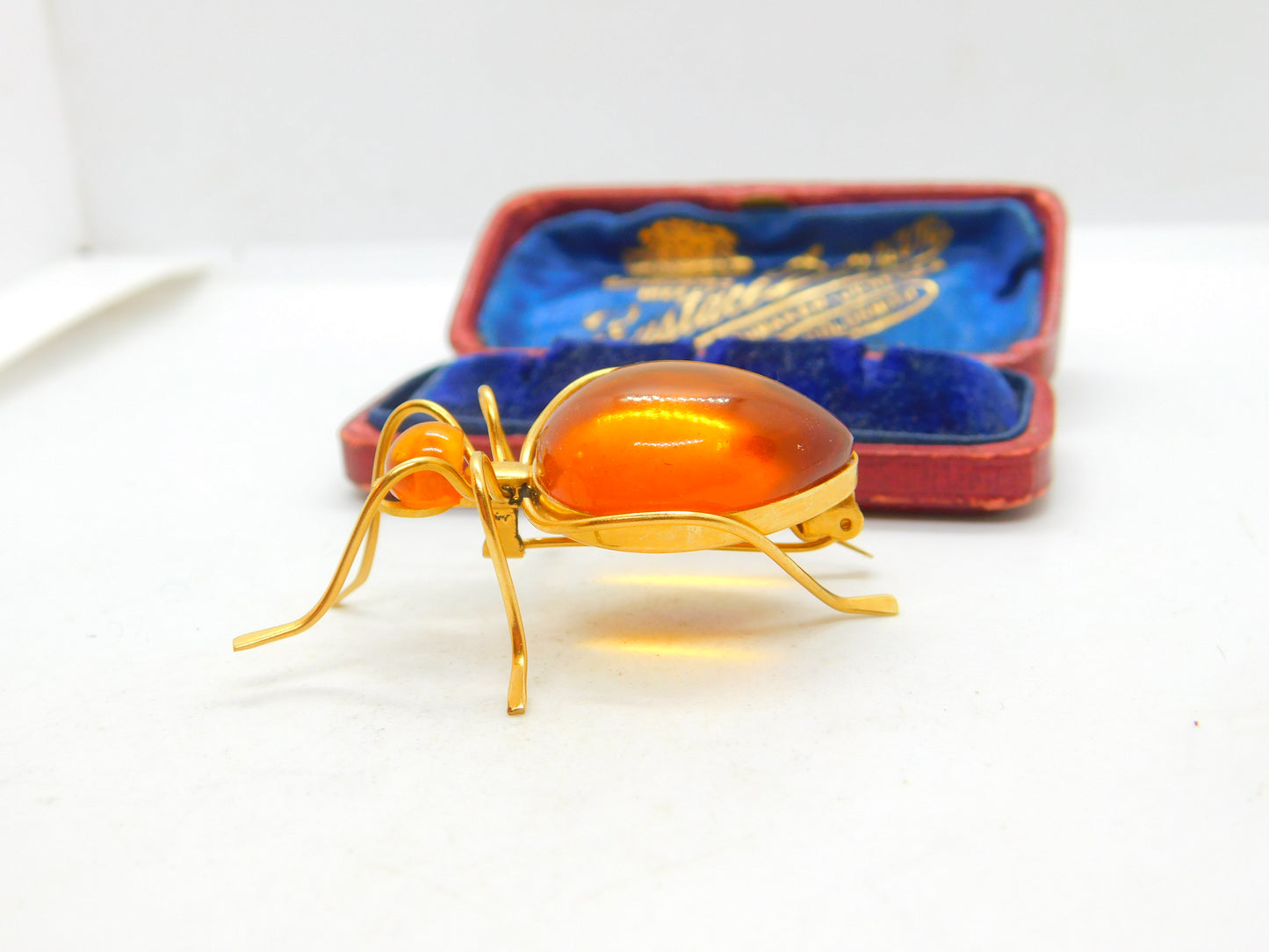 Art Deco Yellow Metal & Amber Set Spider Insect Brooch Antique c1920