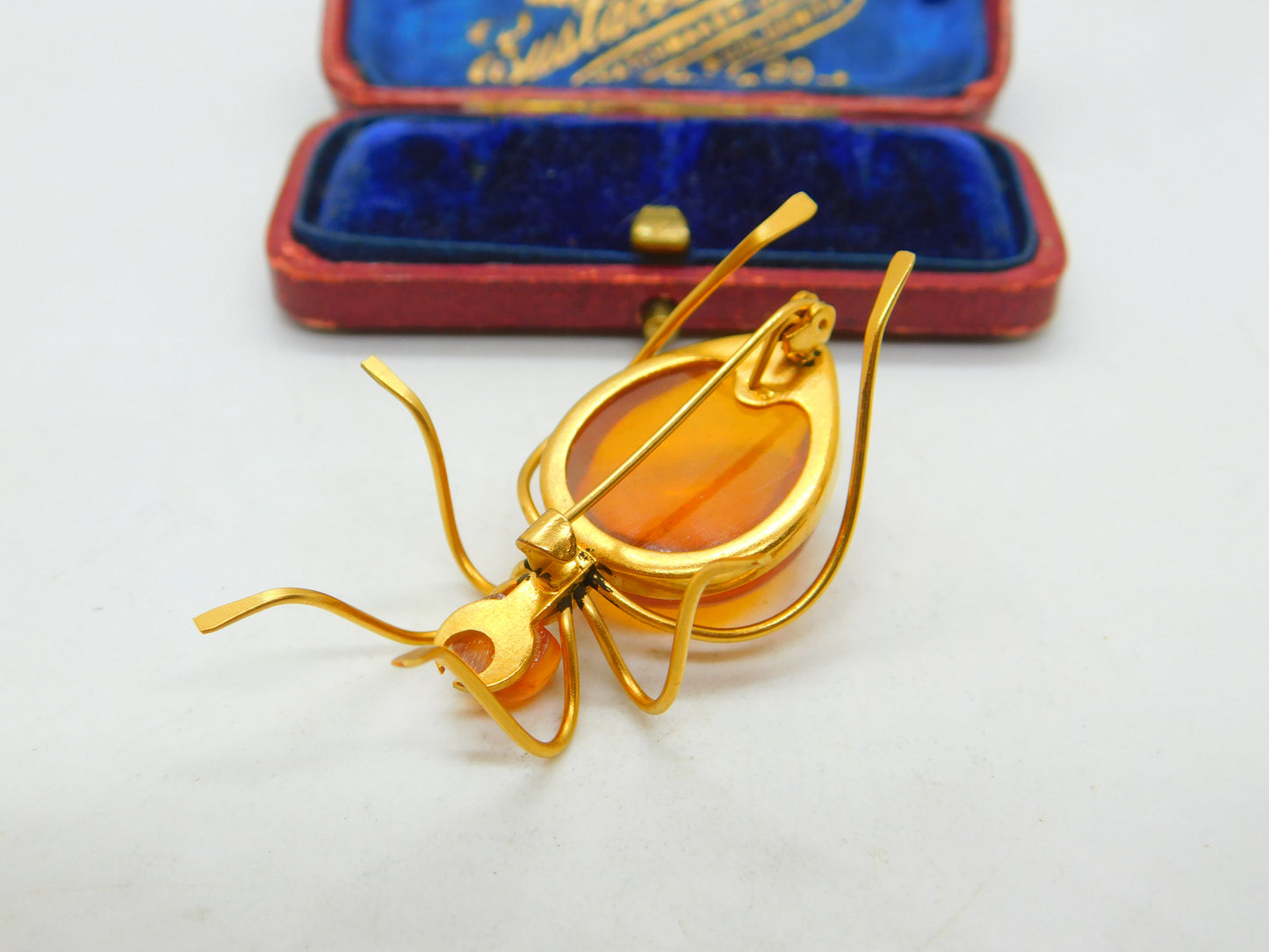 Art Deco Yellow Metal & Amber Set Spider Insect Brooch Antique c1920