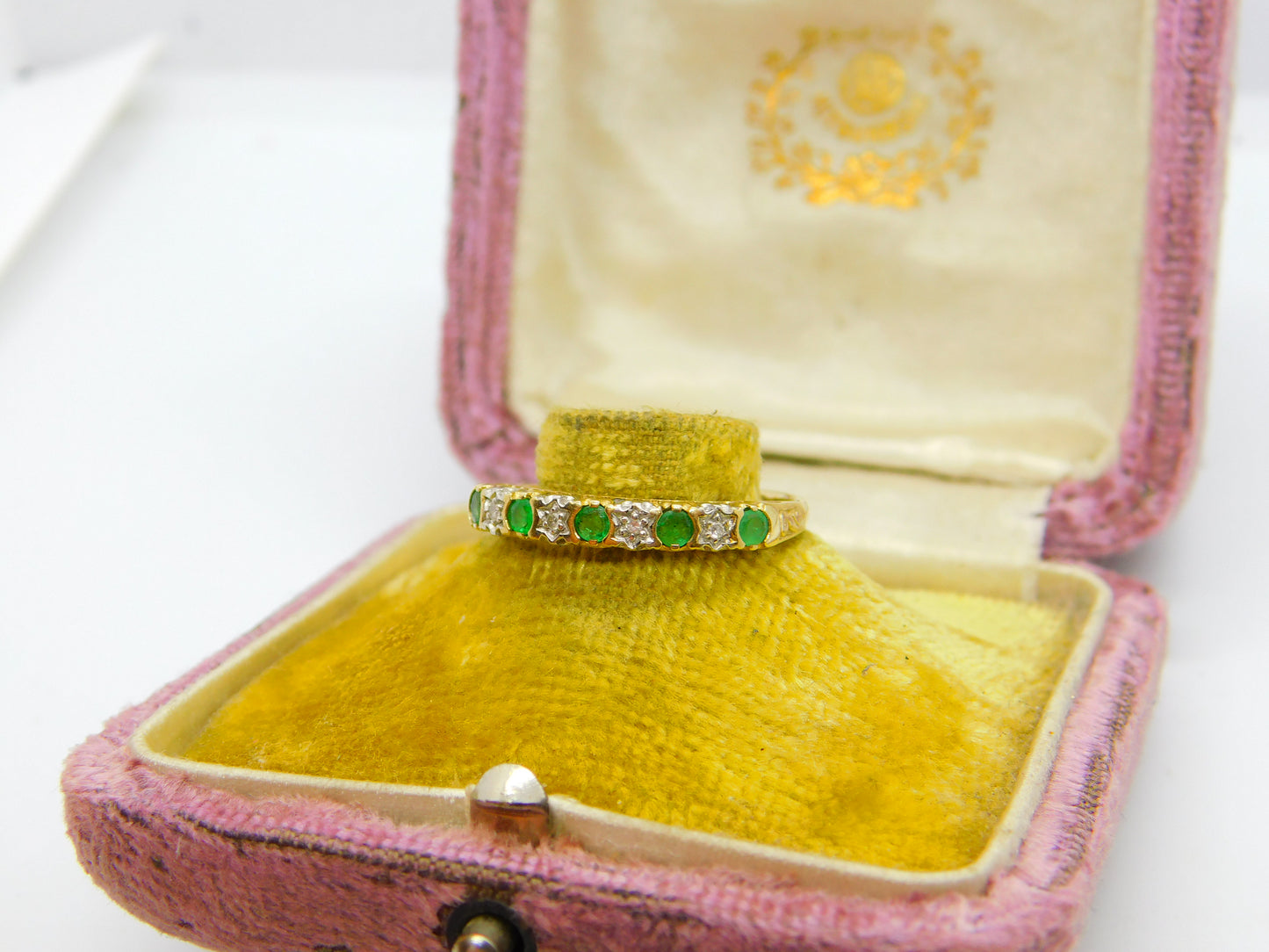 9ct Yellow Gold, Emerald & Diamond Half Eternity Ring Vintage c1990 London