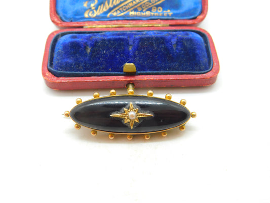 Victorian 15ct Gold, Black Enamel & Pearl Mourning Locket Brooch Antique c1880