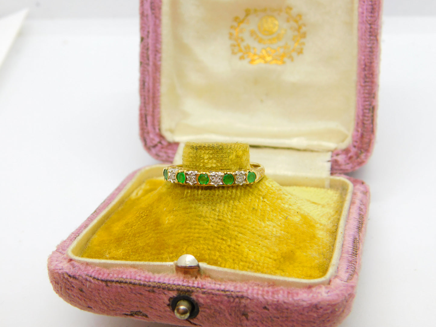 9ct Yellow Gold, Emerald & Diamond Half Eternity Ring Vintage c1990 London