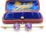 Victorian 9ct Yellow Gold & Hexagonal Cut Amethyst Bar Brooch Antique c1880