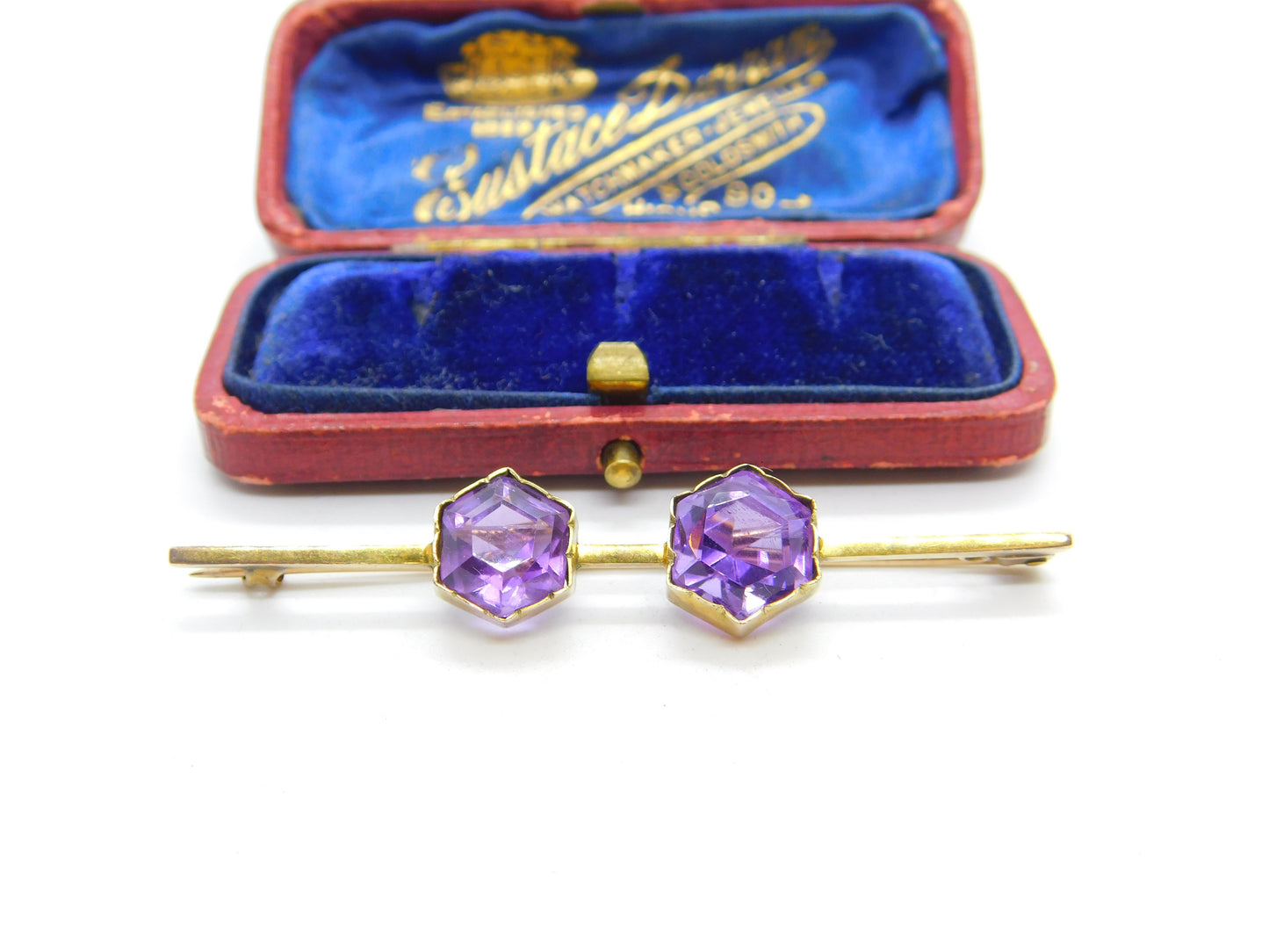 Victorian 9ct Yellow Gold & Hexagonal Cut Amethyst Bar Brooch Antique c1880